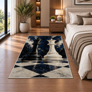 black king and white queen chess pieces rug in a bedroom beside the bed