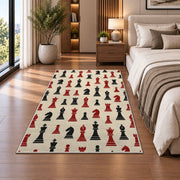 chess pieces pattern rug in a bedroom beside the bed