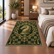 knight chess emblem rug in a bedroom beside the bed