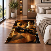 checkmate chess scene rug in a bedroom beside the bed