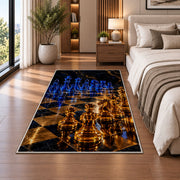 glowing glass chess pieces rug in a bedroom beside the bed