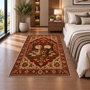 chess clock and chess pieces rug in a bedroom beside the bed