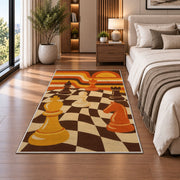 retro 70s chessboard rug in a bedroom beside the bed