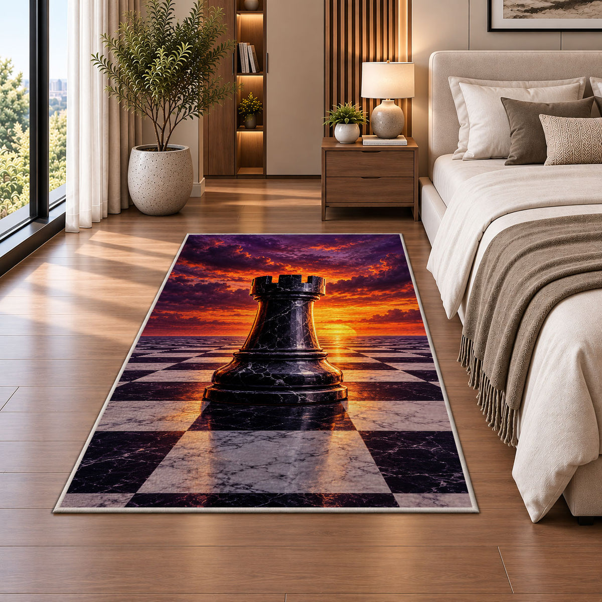 rook chess piece at sunset rug in a bedroom beside the bed