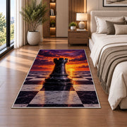 rook chess piece at sunset rug in a bedroom beside the bed