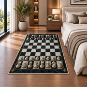 marble chessboard rug in a bedroom beside the bed