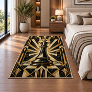 art deco chess king rug in a bedroom beside the bed