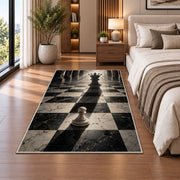pawn with queen shadow chess rug in a bedroom beside the bed