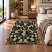 knight chess pieces mandala pattern rug in a bedroom beside the bed