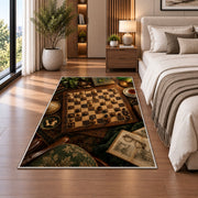 chessboard on a study desk rug in a bedroom beside the bed