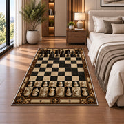 full chess set rug in a bedroom beside the bed