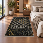 chalkboard chess strategy rug in a bedroom beside the bed