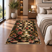 chess queen wrapped in roses rug in a bedroom beside the bed
