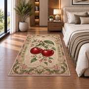 Cherry Arch Rug in a bedroom beside the bed