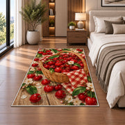Cherry Basket Rug in a bedroom beside the bed