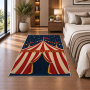Vintage Circus Tent Rug in a bedroom beside the bed