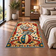 Circus Elephant Rug in a bedroom beside the bed