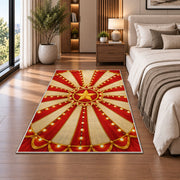 Circus Tent Ceiling Rug in a bedroom beside the bed