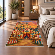 Carnival Ferris Wheel Rug in a bedroom beside the bed