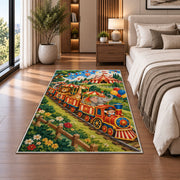 Circus Train Rug in a bedroom beside the bed
