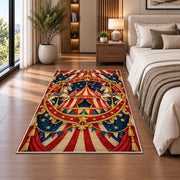 Vintage Circus Emblem Rug in a bedroom beside the bed
