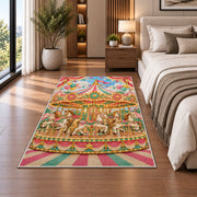 Carousel Rug in a bedroom beside the bed