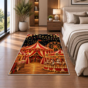 Carnival Night Rug in a bedroom beside the bed