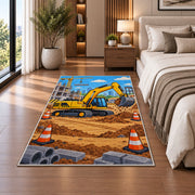 Yellow Excavator Rug in a bedroom beside the bed