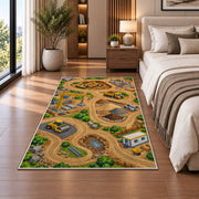 Construction Site Play Mat Rug in a bedroom beside the bed