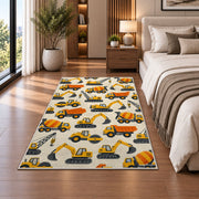 Construction Vehicles Pattern Rug in a bedroom beside the bed