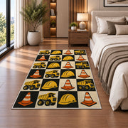 Retro Checkered Construction Rug in a bedroom beside the bed