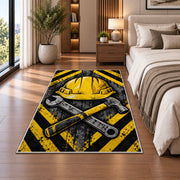 Hard Hat and Tools Rug in a bedroom beside the bed