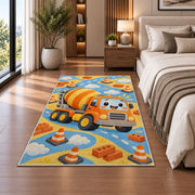 Cute Cement Mixer Rug in a bedroom beside the bed