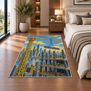 Tower Crane City Rug in a bedroom beside the bed