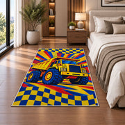 Pop Art Dump Truck Rug in a bedroom beside the bed