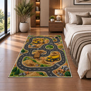 Construction Race Track Rug in a bedroom beside the bed