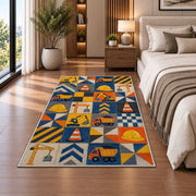 Construction Patchwork Rug in a bedroom beside the bed