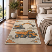 Minimalist Excavator Line Art Rug in a bedroom beside the bed