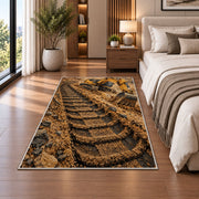 Excavator Tracks Rug in a bedroom beside the bed