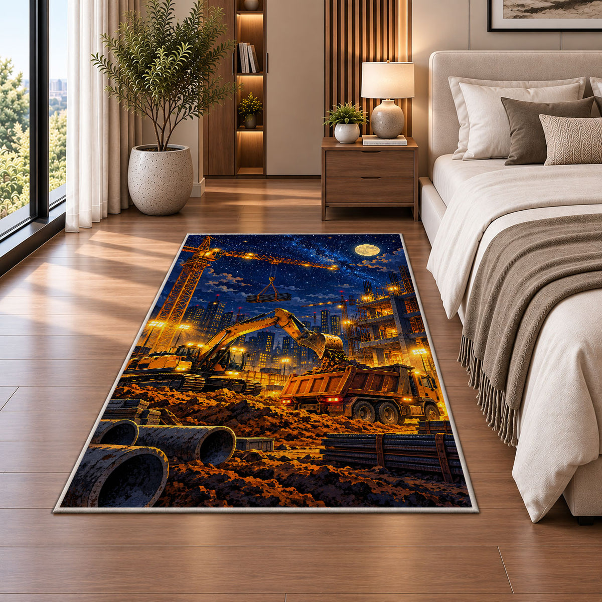 Construction Site at Night Rug in a bedroom beside the bed