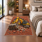 Excavator Brick Wall Rug in a bedroom beside the bed