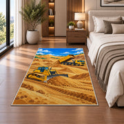 Bulldozer Dump Truck Rug in a bedroom beside the bed