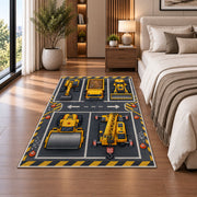 Construction Vehicle Parking Rug in a bedroom beside the bed
