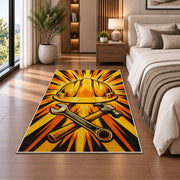 Hard Hat Sunburst Rug in a bedroom beside the bed