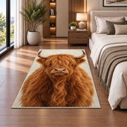 Highland Cow Portrait Rug in a bedroom beside the bed