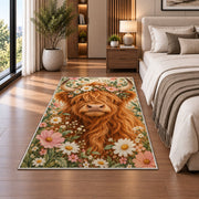 Highland Cow Flower Crown Rug in a bedroom beside the bed