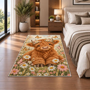 Baby Highland Cow Nursery Rug in a bedroom beside the bed