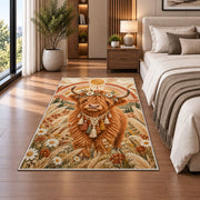 Boho Highland Cow Rug in a bedroom beside the bed