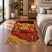 Highland Cow Barn Door Rug in a bedroom beside the bed