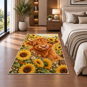 Highland Cow Sunflower Rug in a bedroom beside the bed